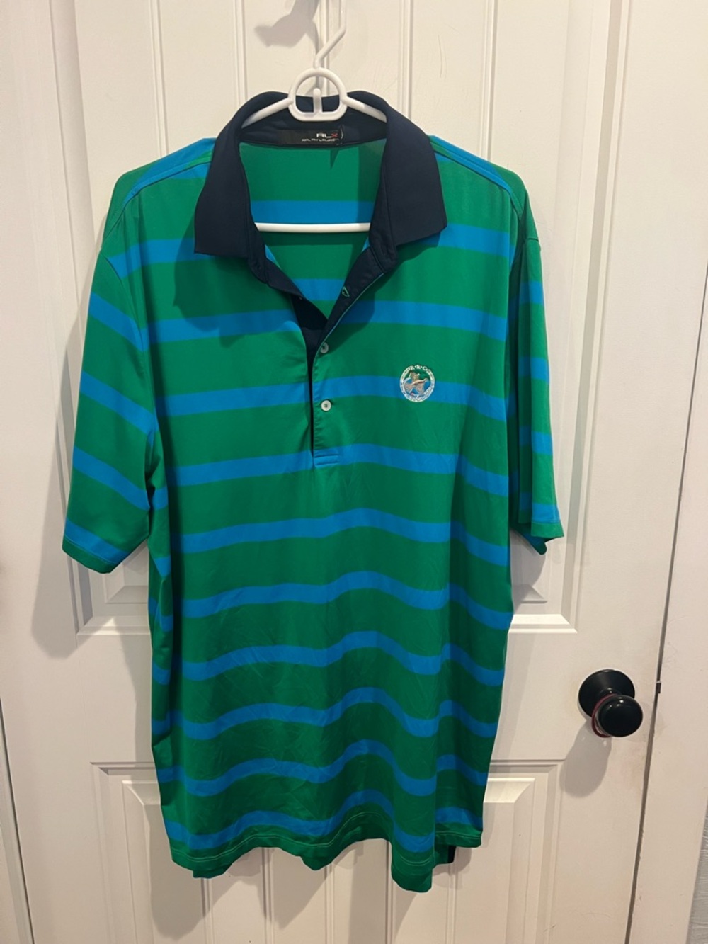 RLX Green & Blue Striped Golf Polo with Navy Collar Rolling Rock Country Club